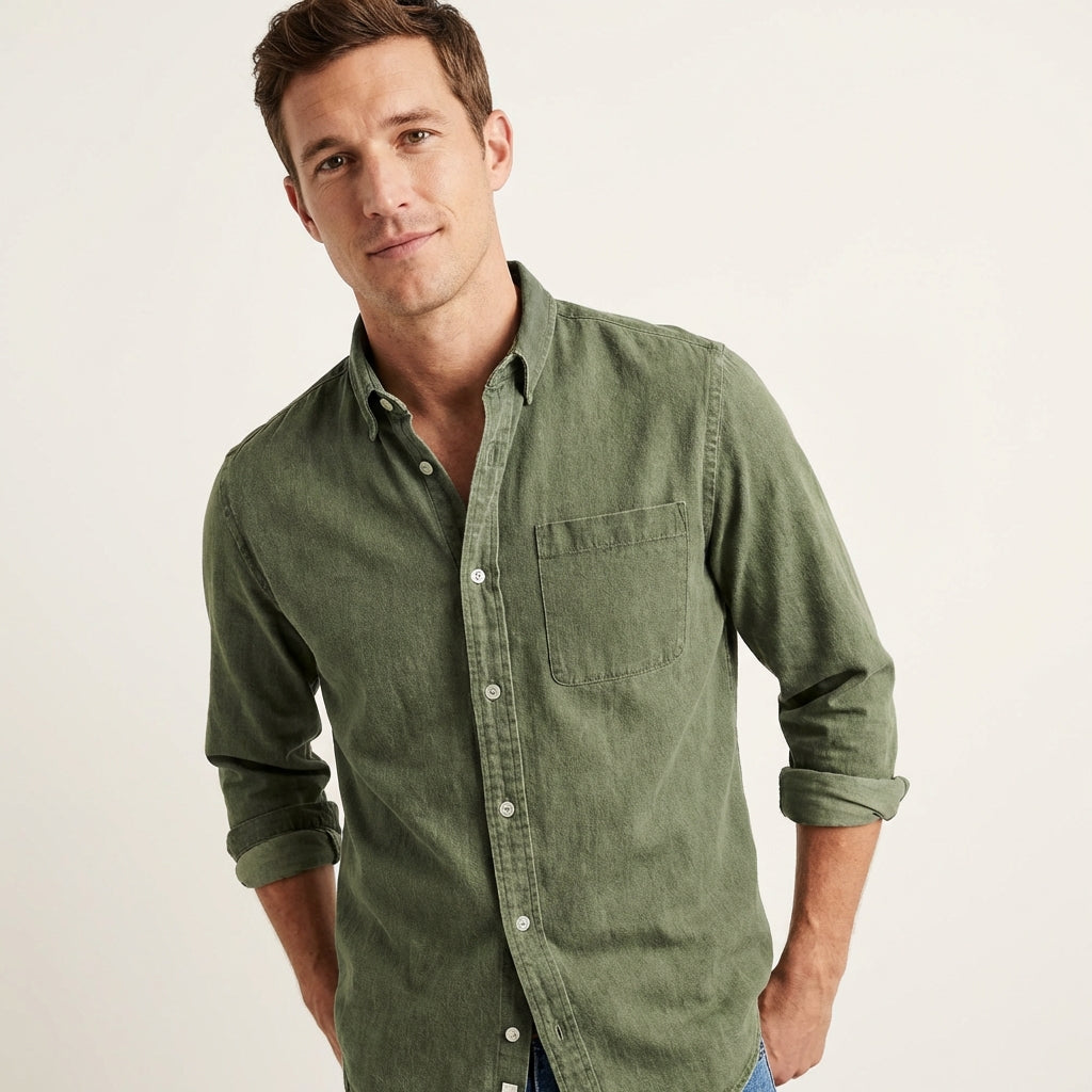 Men’s Solid Color Business Dress Shirt – Long Sleeve Khaki Green