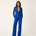 Women’s Plunging Pants Suit – Single Button Blazer & Straight Leg Trousers Blue