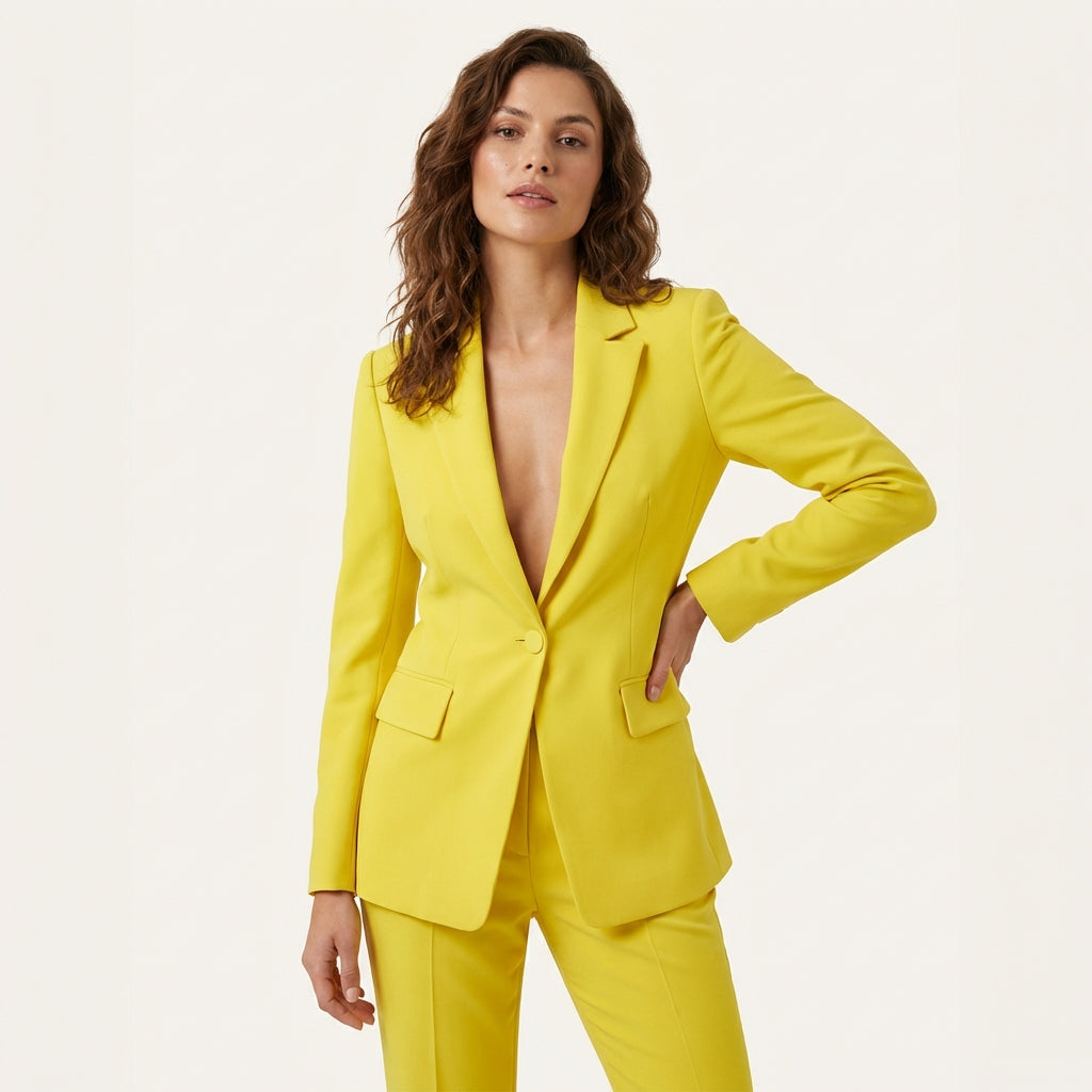 Women’s Plunging Pants Suit – Single Button Blazer & Straight Leg Trousers Yellow