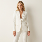 Women’s Plunging Pants Suit – Single Button Blazer & Straight Leg Trousers White