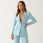 Women’s Plunging Pants Suit – Single Button Blazer & Straight Leg Trousers Light Blue