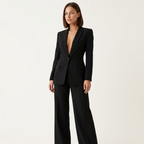 Women’s Plunging Pants Suit – Single Button Blazer & Straight Leg Trousers Black