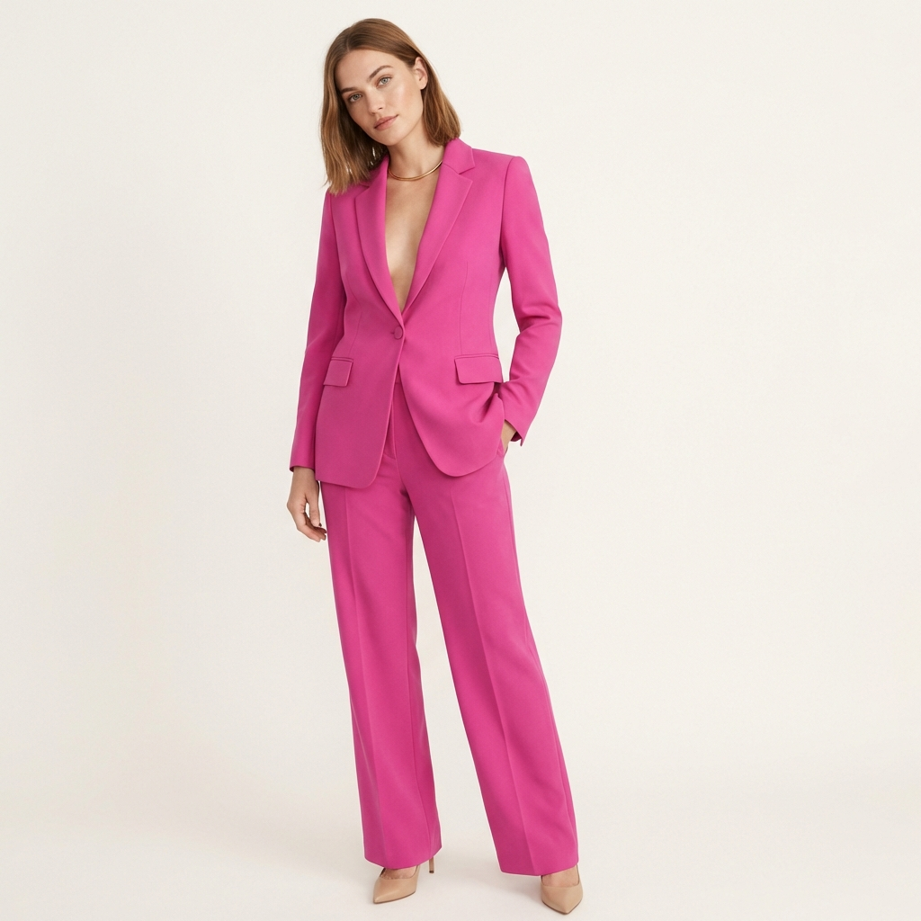 Women’s Plunging Pants Suit – Single Button Blazer & Straight Leg Trousers Hot Pink