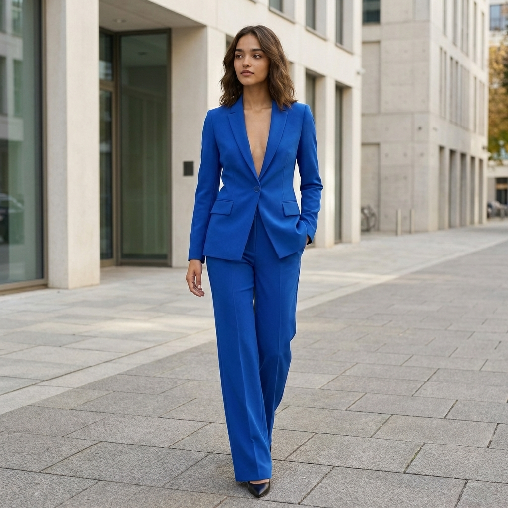 Women’s Plunging Pants Suit – Single Button Blazer & Straight Leg Trousers