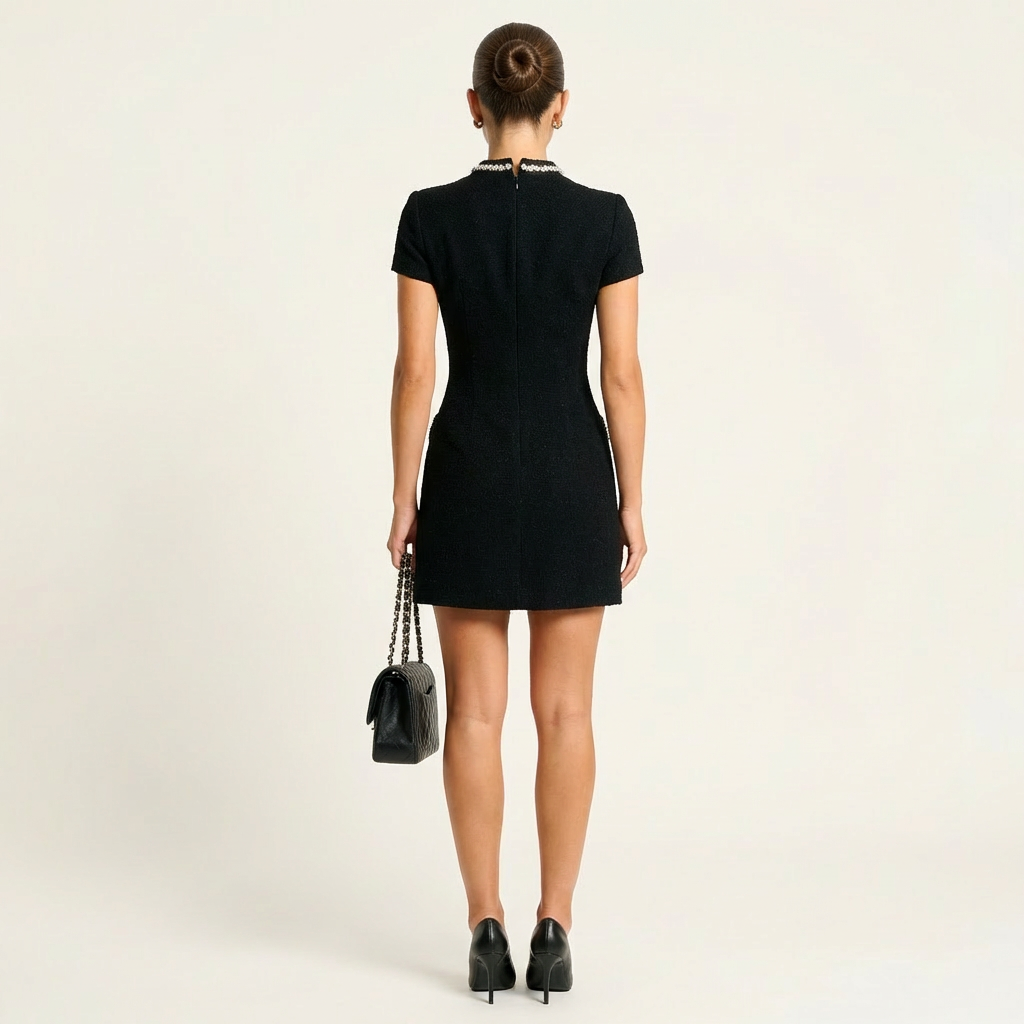 Women’s Mini Dress – Pearl Trim Detail with Functional Pockets