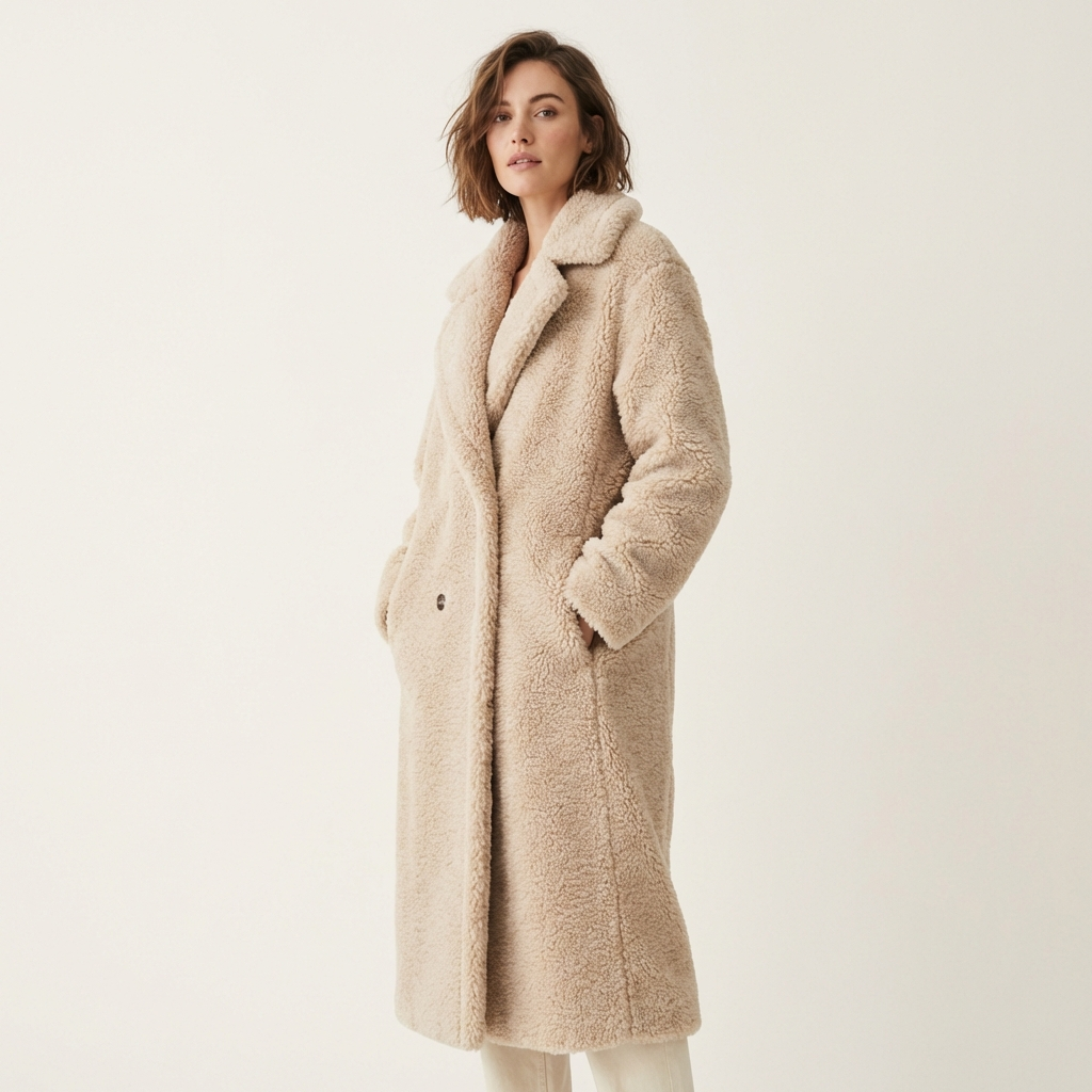 Women’s Long Teddy Coat – Double Breasted Winter Outerwear Beige