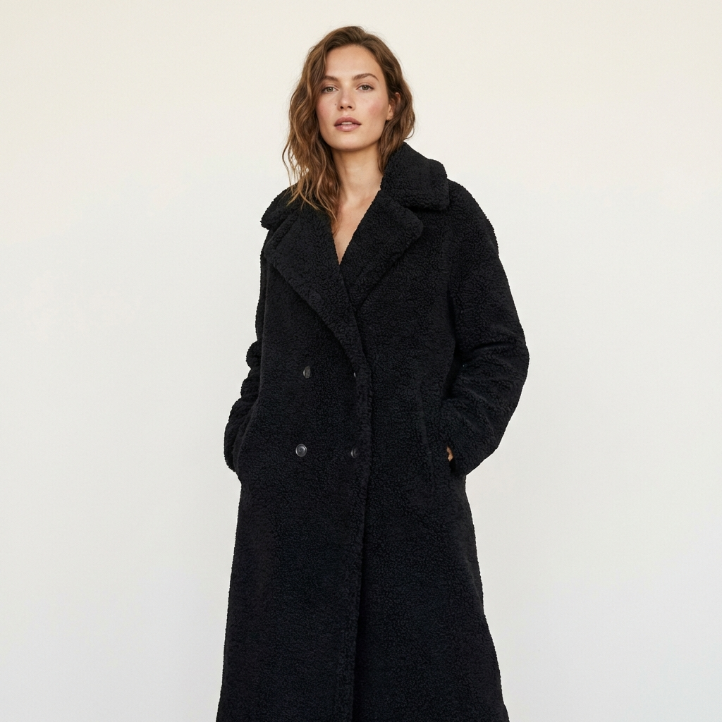 Women’s Long Teddy Coat – Double Breasted Winter Outerwear Black