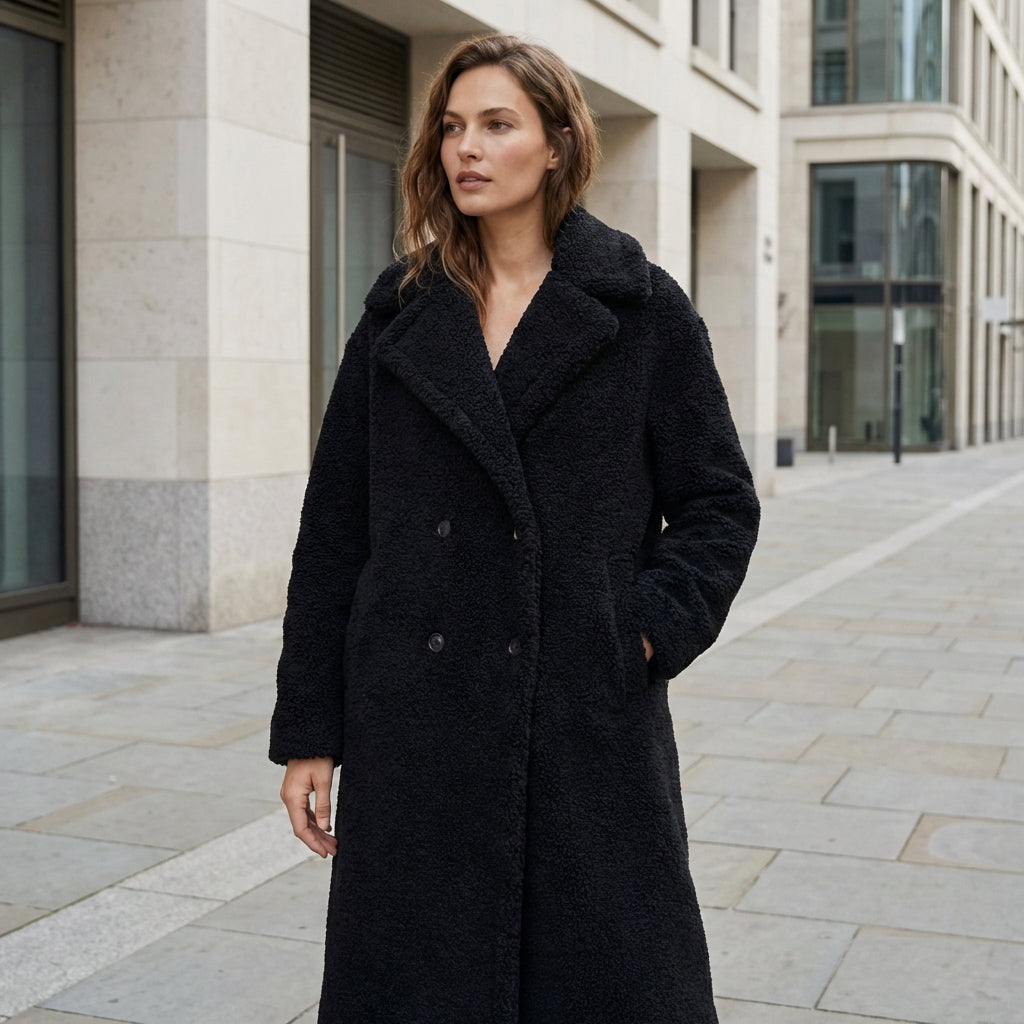 Women’s Long Teddy Coat – Double Breasted Winter Outerwear
