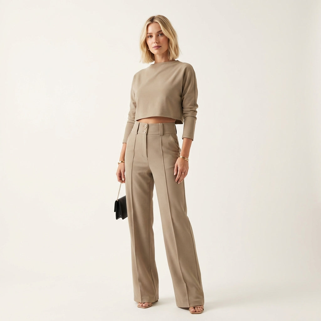 Women’s Matching Top & Trousers Set – Modern Tailored Look Beige