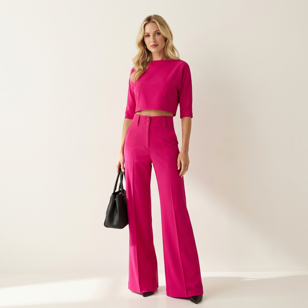 Women’s Matching Top & Trousers Set – Modern Tailored Look Hot Pink