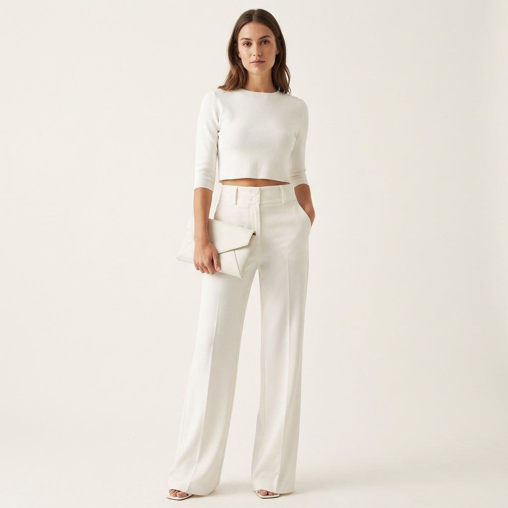 Women’s Matching Top & Trousers Set – Modern Tailored Look White