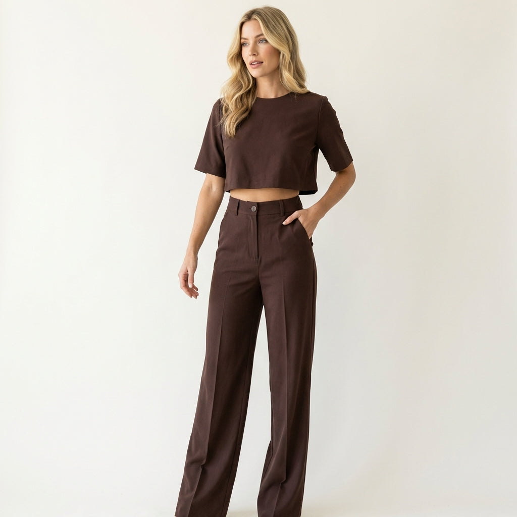 Women’s Matching Top & Trousers Set – Modern Tailored Look Brown