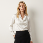 Women’s Draped Neck Satin Blouse – Long Sleeve Elegant Fit White