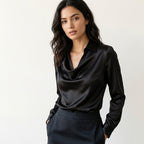 Women’s Draped Neck Satin Blouse – Long Sleeve Elegant Fit Black