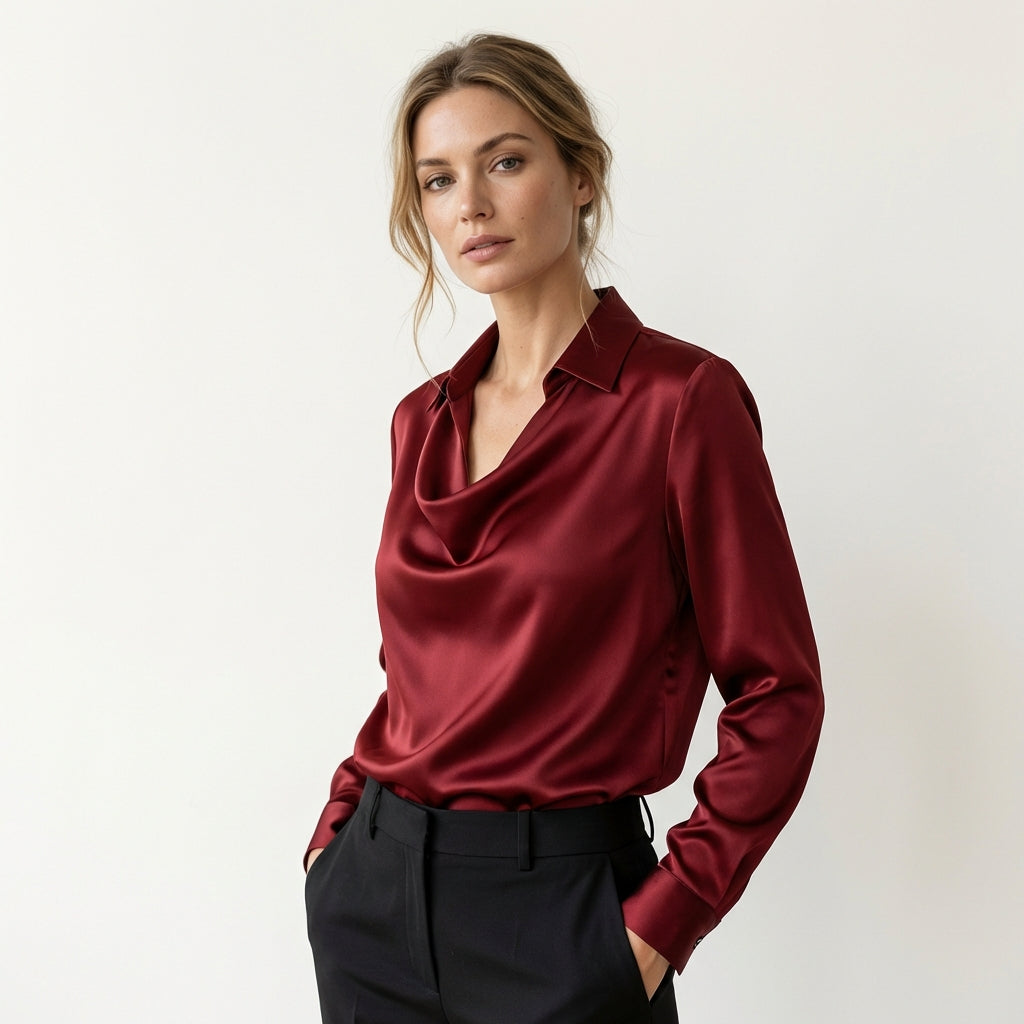 Women’s Draped Neck Satin Blouse – Long Sleeve Elegant Fit Wine Red