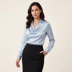Women’s Draped Neck Satin Blouse – Long Sleeve Elegant Fit Light Blue