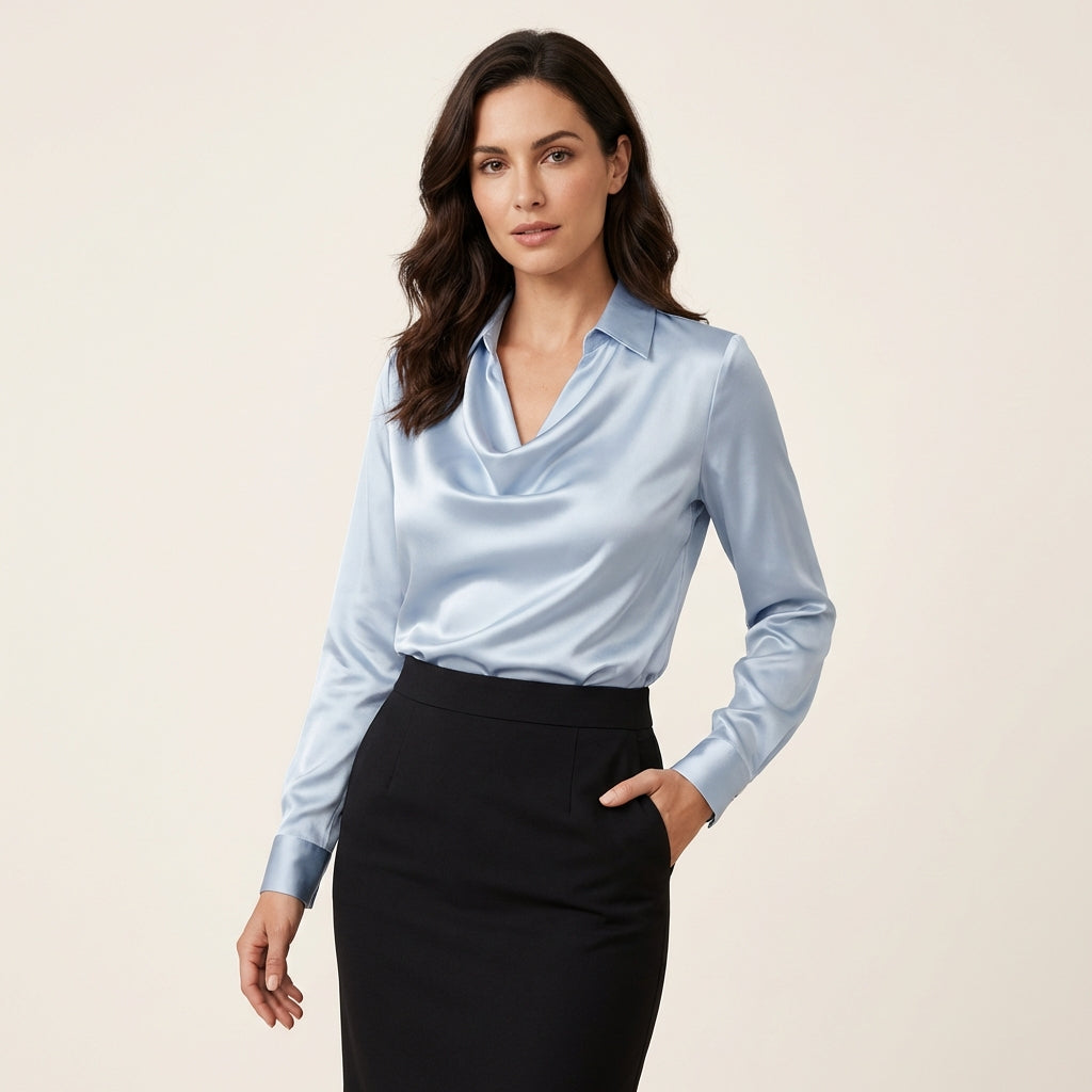 Women’s Draped Neck Satin Blouse – Long Sleeve Elegant Fit Light Blue