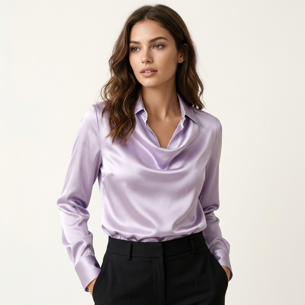 Women’s Draped Neck Satin Blouse – Long Sleeve Elegant Fit Purple