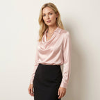 Women’s Draped Neck Satin Blouse – Long Sleeve Elegant Fit