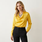 Women’s Draped Neck Satin Blouse – Long Sleeve Elegant Fit Yellow