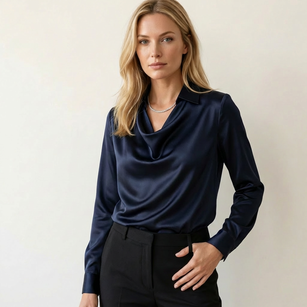 Women’s Draped Neck Satin Blouse – Long Sleeve Elegant Fit Navy Blue