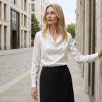 Women’s Draped Neck Satin Blouse – Long Sleeve Elegant Fit