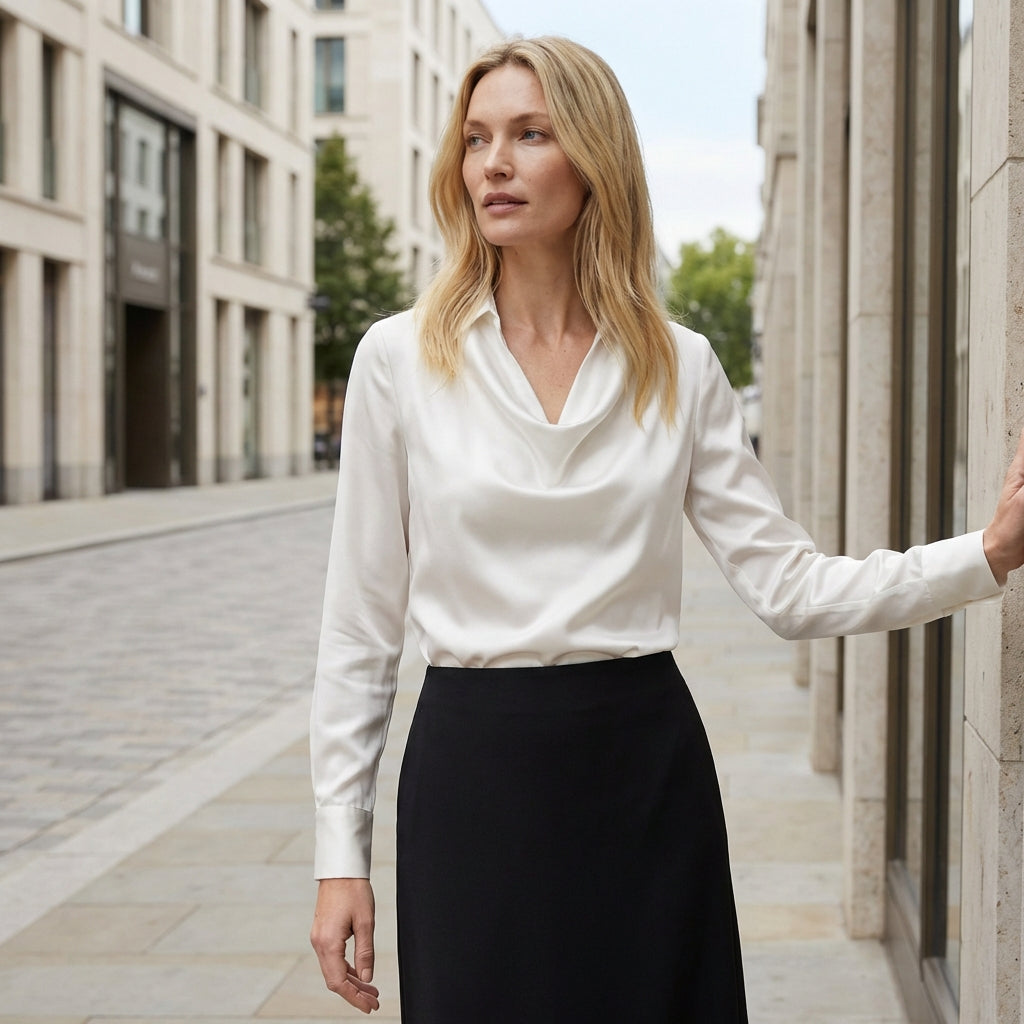 Women’s Draped Neck Satin Blouse – Long Sleeve Elegant Fit