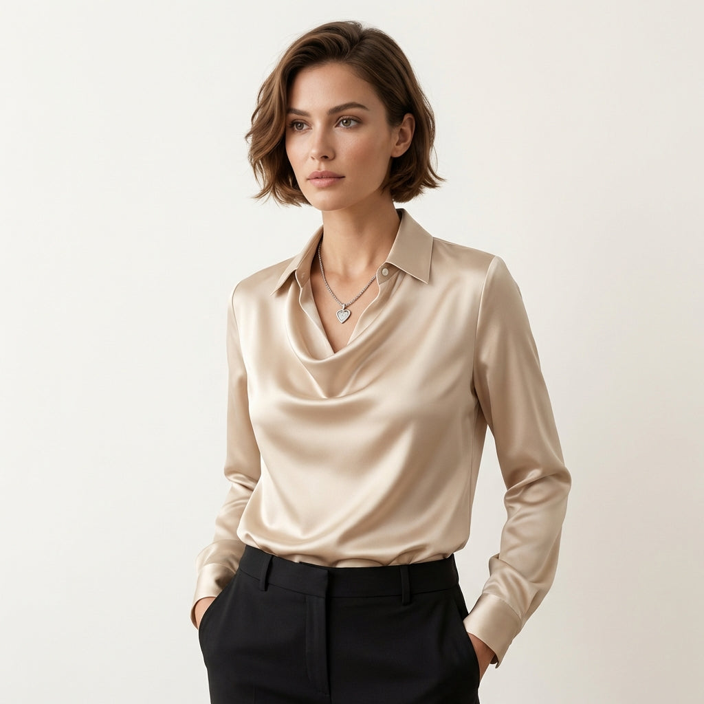 Women’s Draped Neck Satin Blouse – Long Sleeve Elegant Fit Gold