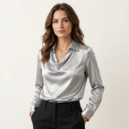 Women’s Draped Neck Satin Blouse – Long Sleeve Elegant Fit Silver