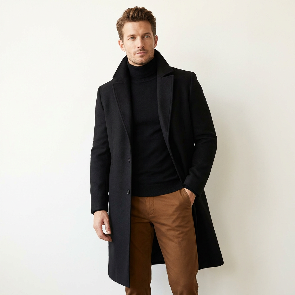 Men’s Classic Long Overcoat – Lapel Collar Winter Coat Black