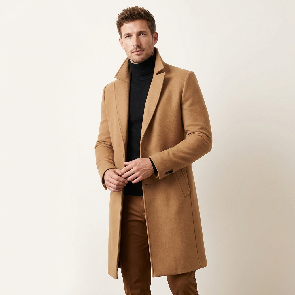 Men’s Classic Long Overcoat – Lapel Collar Winter Coat Bronze