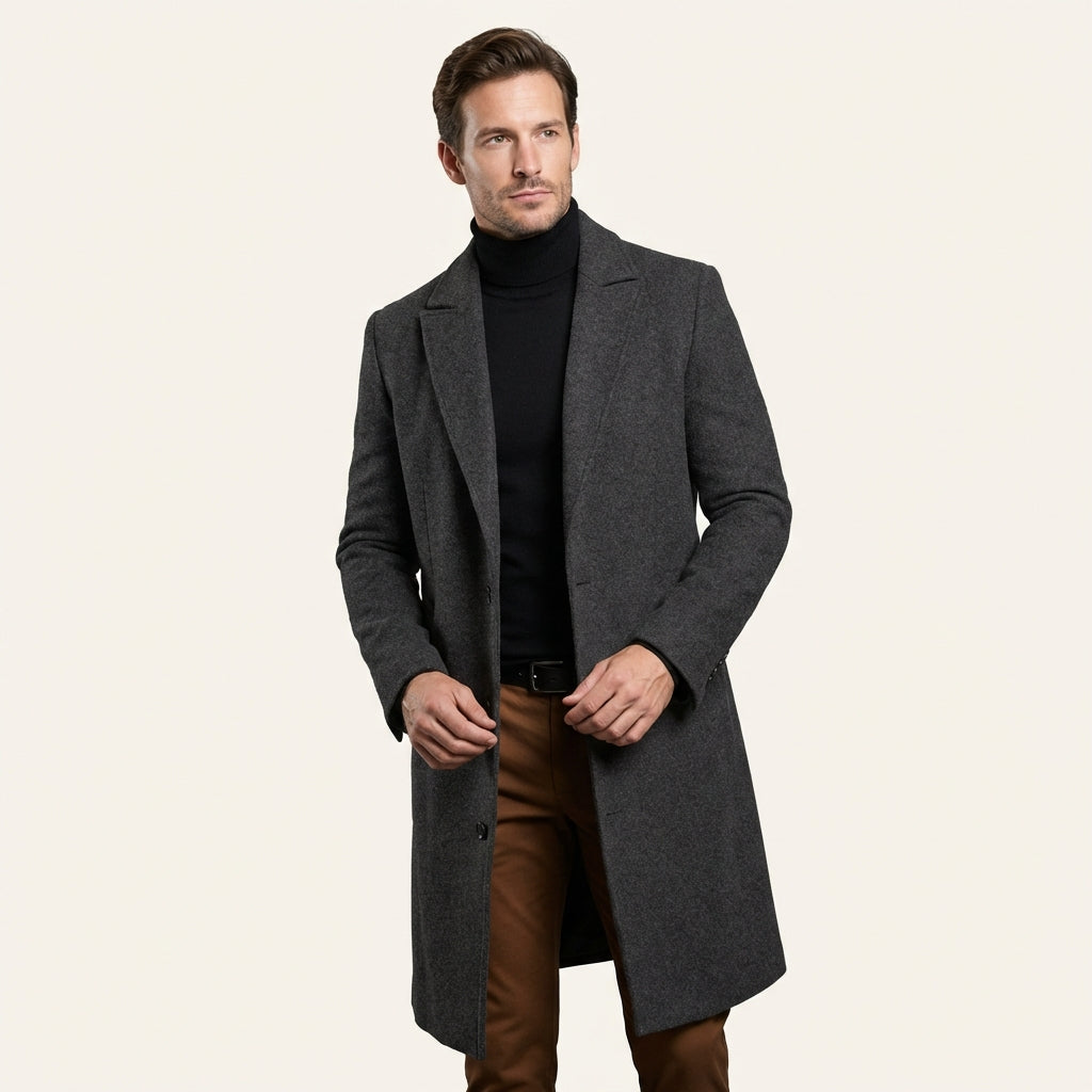 Men’s Classic Long Overcoat – Lapel Collar Winter Coat Gray