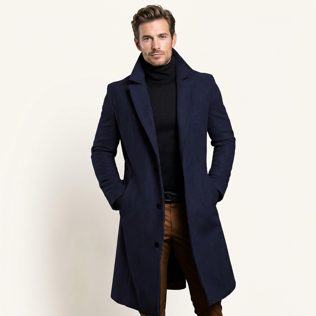 Men’s Classic Long Overcoat – Lapel Collar Winter Coat Navy Blue