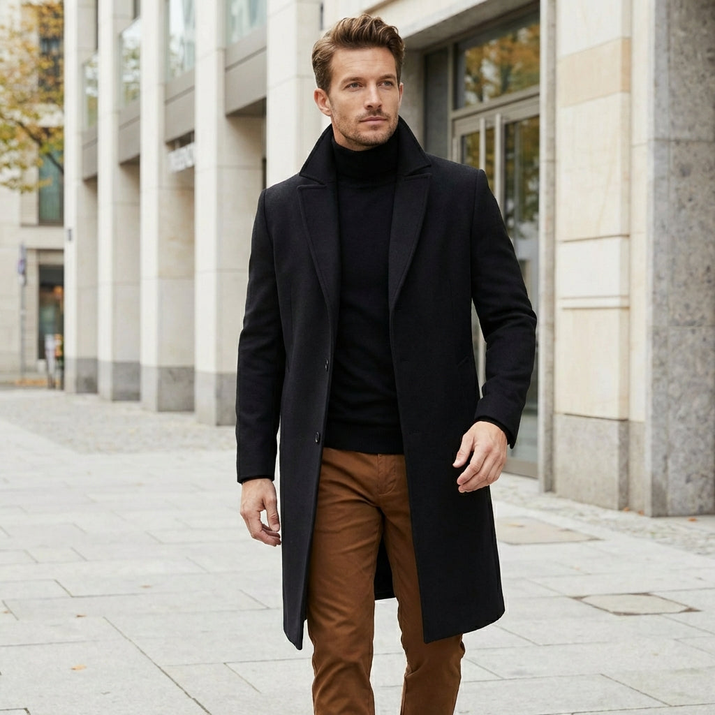 Men’s Classic Long Overcoat – Lapel Collar Winter Coat