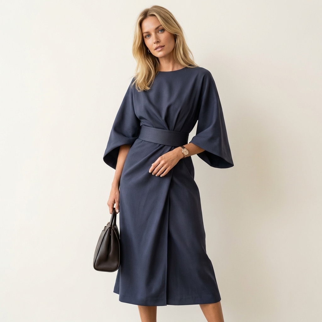 Women’s Elegant Midi Dress – Lantern Sleeves with Belted Waist Navy Blue
