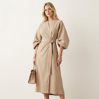 Women’s Elegant Midi Dress – Lantern Sleeves with Belted Waist
