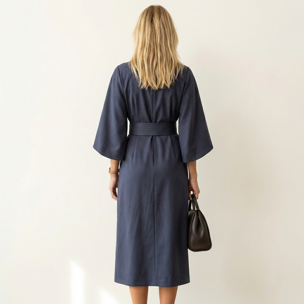 Women’s Elegant Midi Dress – Lantern Sleeves with Belted Waist