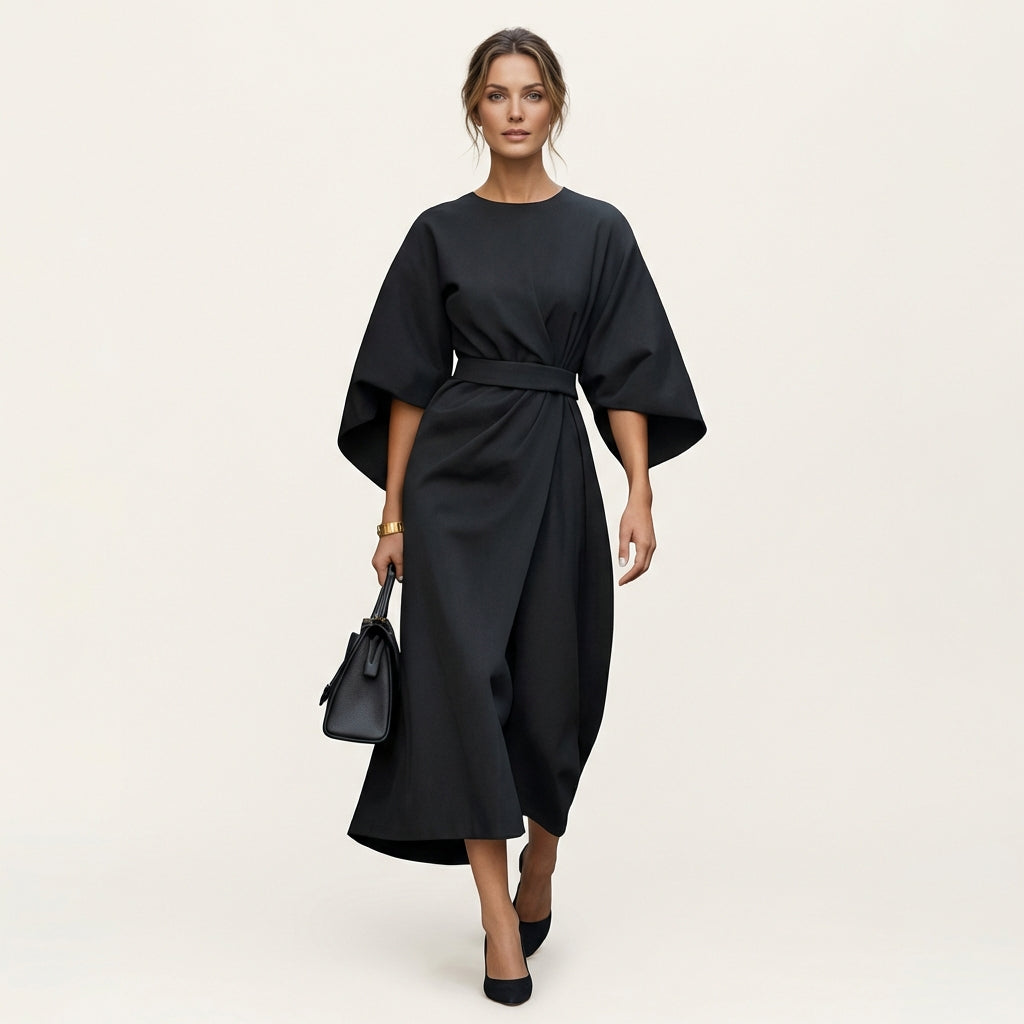 Women’s Elegant Midi Dress – Lantern Sleeves with Belted Waist Black