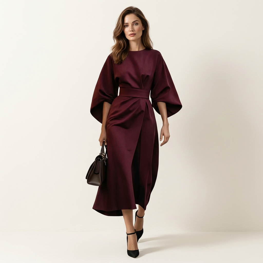Women’s Elegant Midi Dress – Lantern Sleeves with Belted Waist Purple