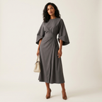 Women’s Elegant Midi Dress – Lantern Sleeves with Belted Waist Gray