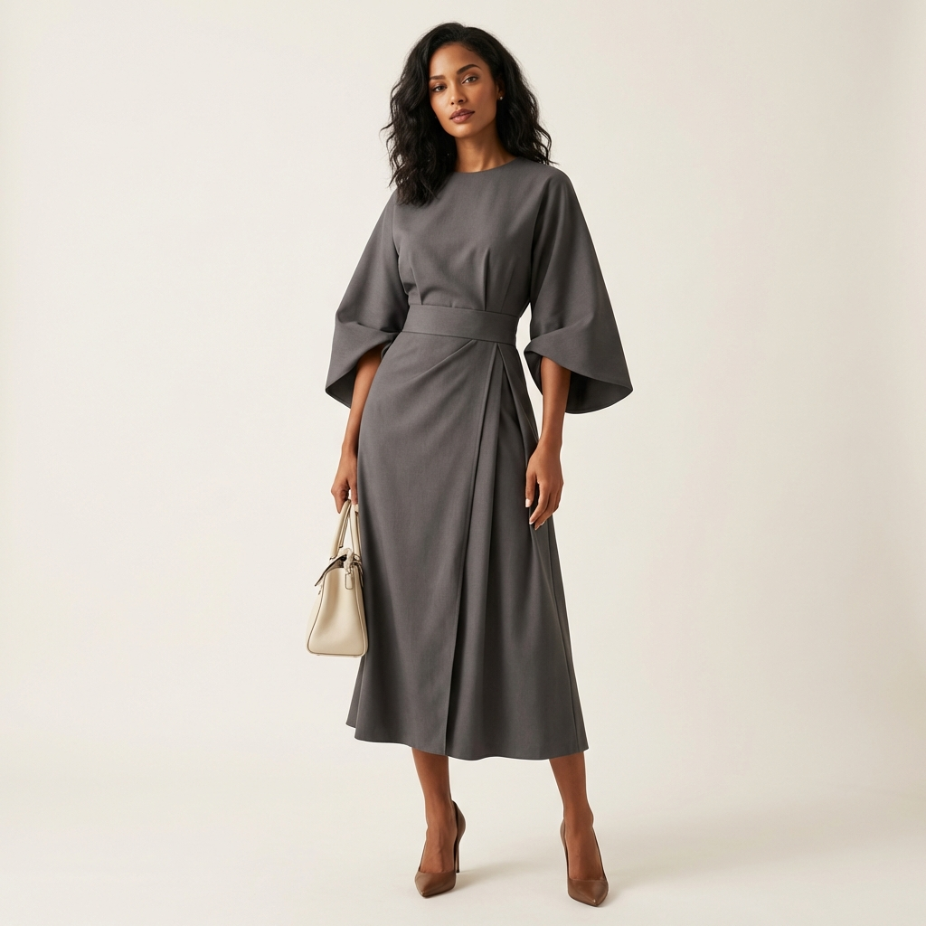 Women’s Elegant Midi Dress – Lantern Sleeves with Belted Waist Gray