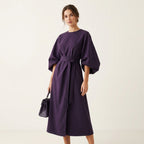 Women’s Elegant Midi Dress – Lantern Sleeves with Belted Waist