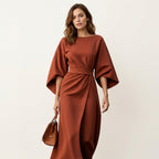 Women’s Elegant Midi Dress – Lantern Sleeves with Belted Waist Bronze