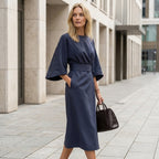 Women’s Elegant Midi Dress – Lantern Sleeves with Belted Waist