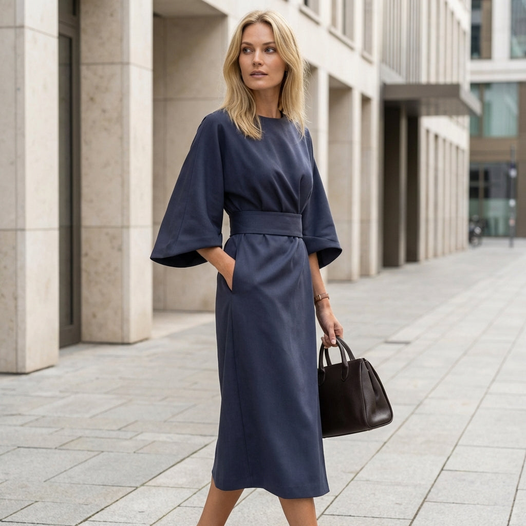Women’s Elegant Midi Dress – Lantern Sleeves with Belted Waist