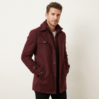 Men’s Elegant Long Winter Overcoat – Button Front Design Wine Red