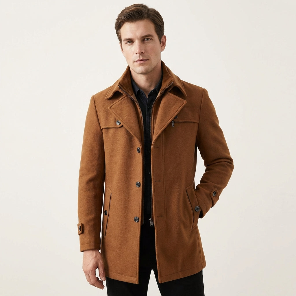 Men’s Elegant Long Winter Overcoat – Button Front Design Bronze