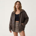 Women’s Oversized Leather Bomber Jacket – Casual Outerwear Brown