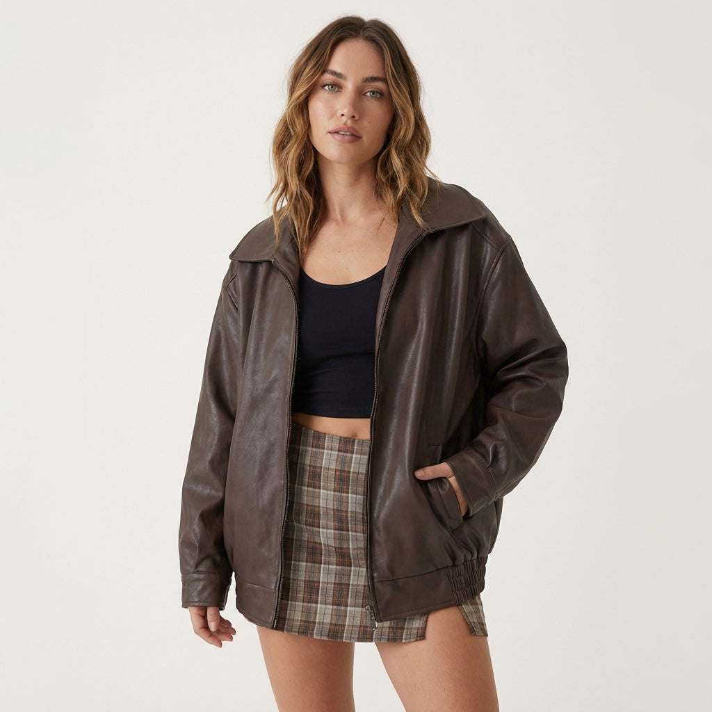 Women’s Oversized Leather Bomber Jacket – Casual Outerwear Brown
