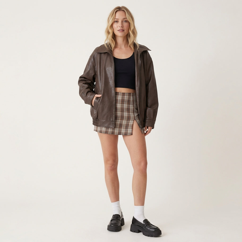 Women’s Oversized Leather Bomber Jacket – Casual Outerwear